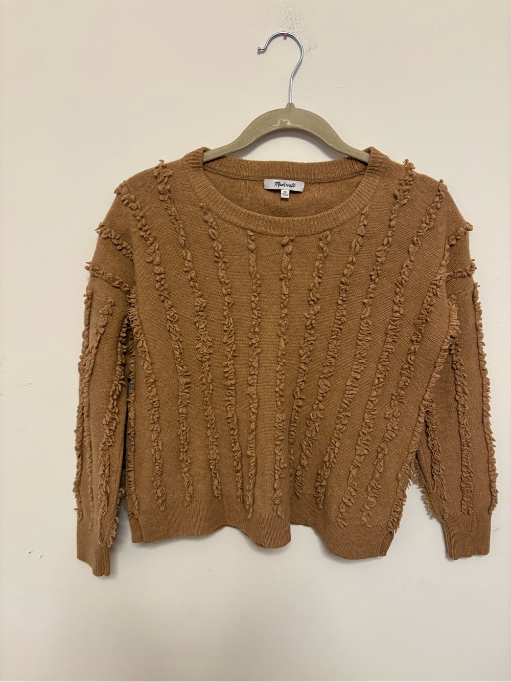 Madewell Camel Textured Fringe Crewneck Sweater
